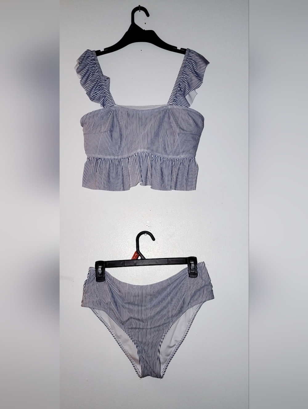 Striped Blue Ruffle Tank Bikini Set - Women Swim